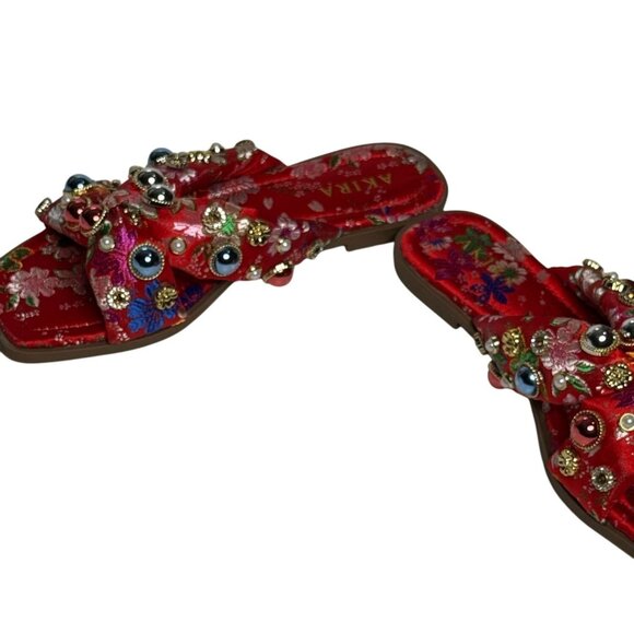 Akira Ramsey Red Satin Floral Jewel Slide Sandals Size 7 | Embellished New - Picture 8 of 11
